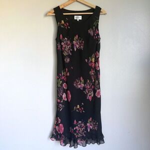 Vintage Black Floral Chiffon Ruffle Hem Midi Dress Womens 10P Sleeveless Modest